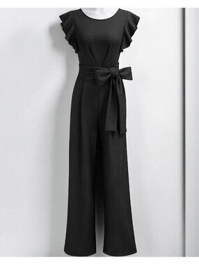 Knitee Black Ruffle Wide Leg Jumpsuit Belted Formal Size M